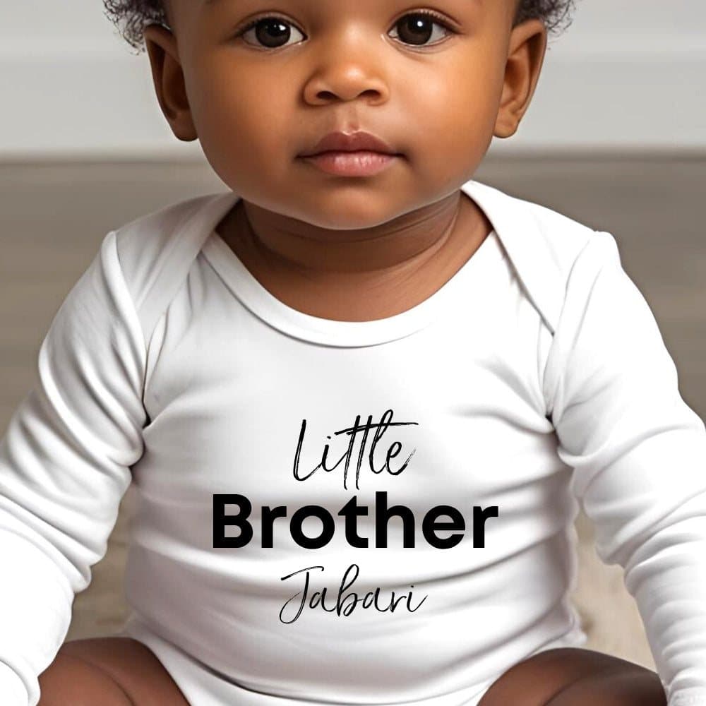 Personalised baby outfit with a black Little Brother design
