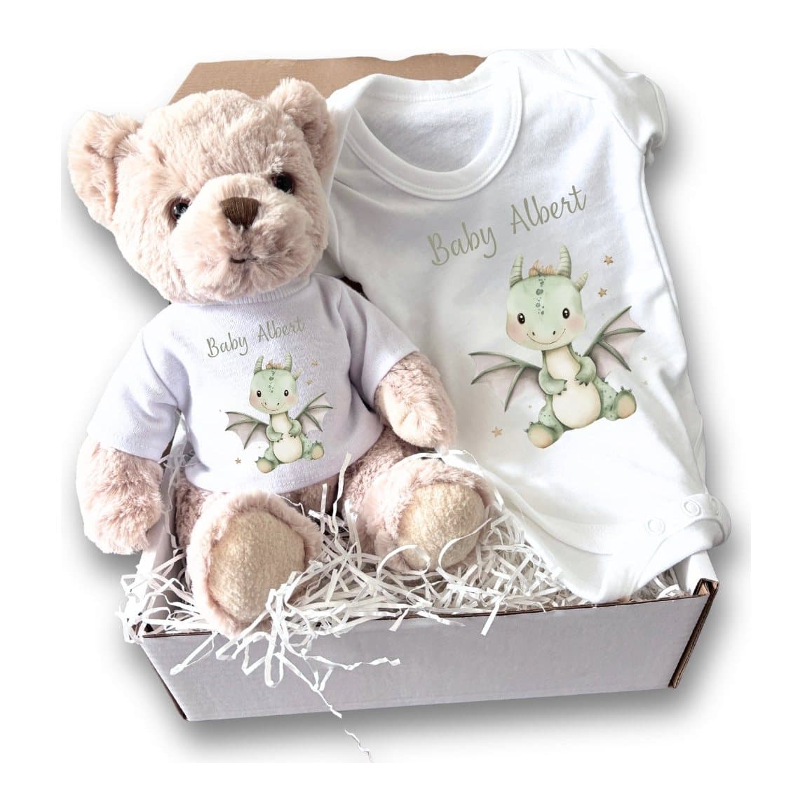 Little dinosaur baby vest and teddy bear, personalised with a name