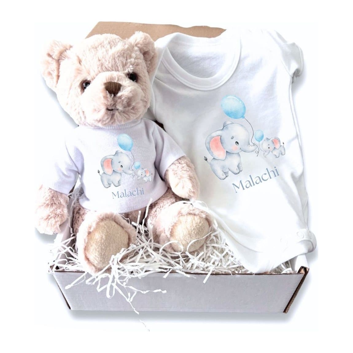 Personalised baby gift set: teddy and baby vest with Little Elephants design