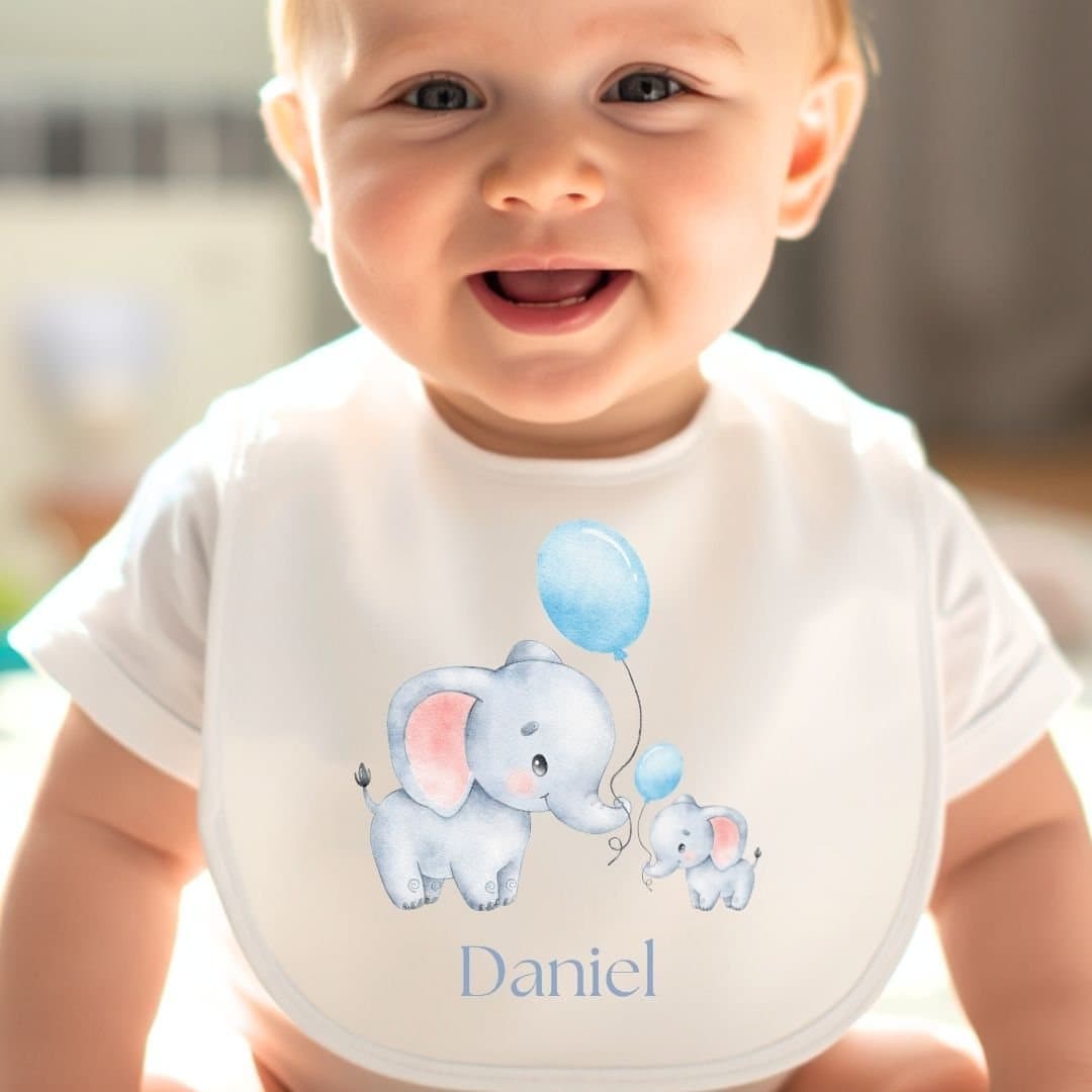 Personalised elephant design baby grow, vest or bib with a name