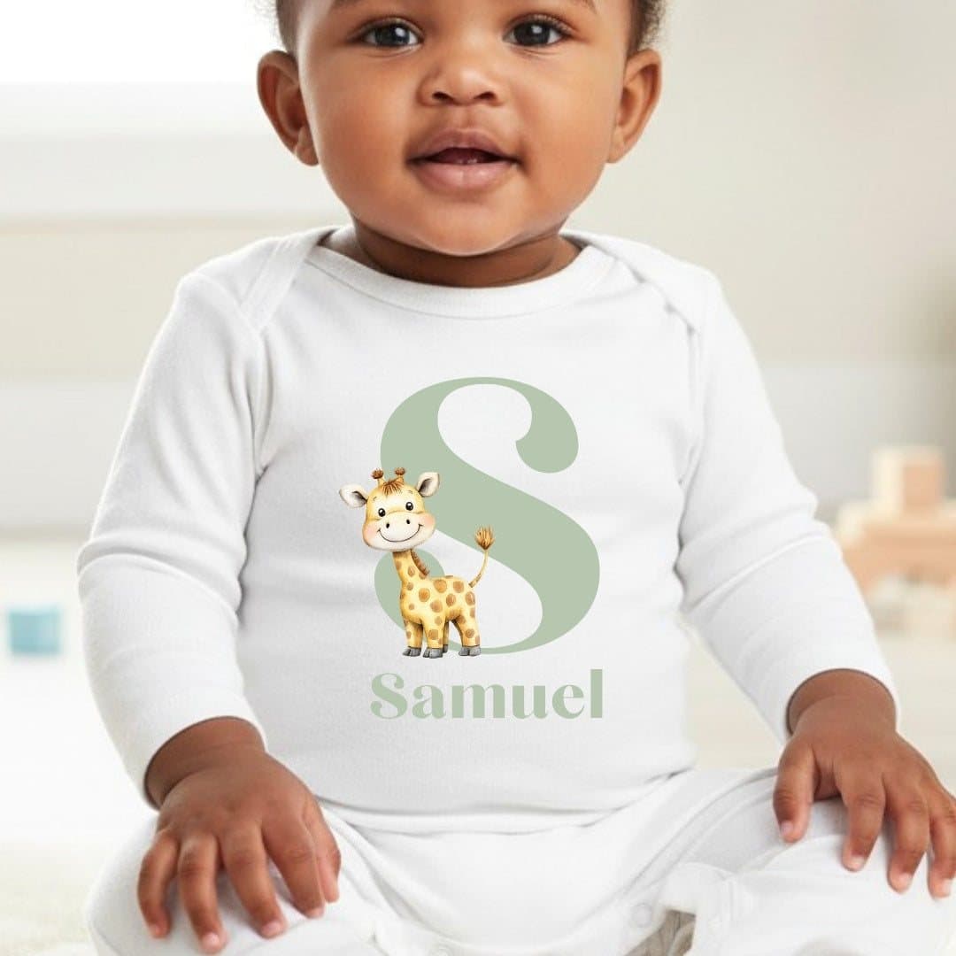 Personalised giraffe baby vest, baby grow or bib with a name