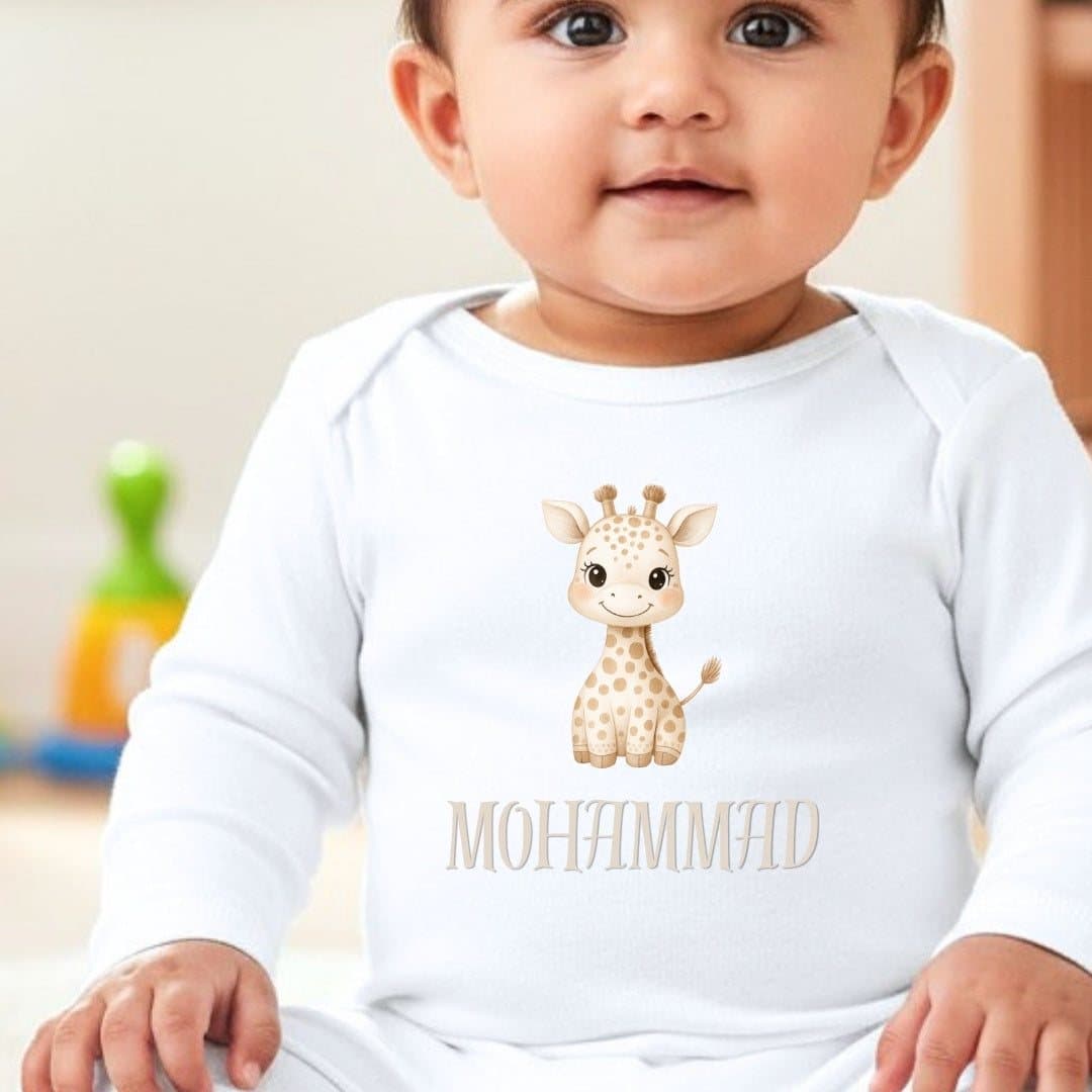 Personalised giraffe baby grow, vest or bib with a giraffe design