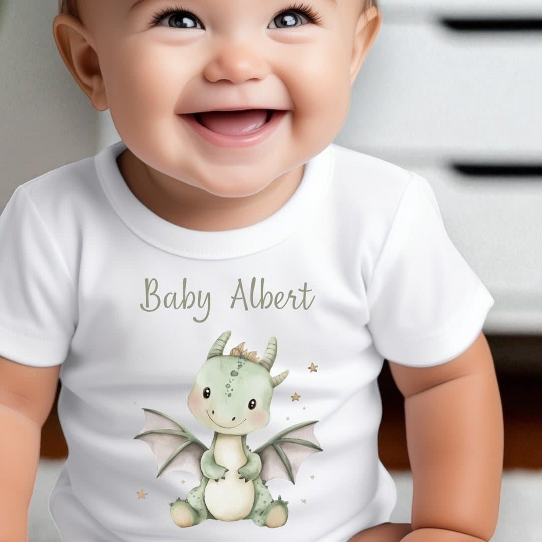Personalised Little Green Dinosaur baby outfit with a name added to the dinosaur artwork