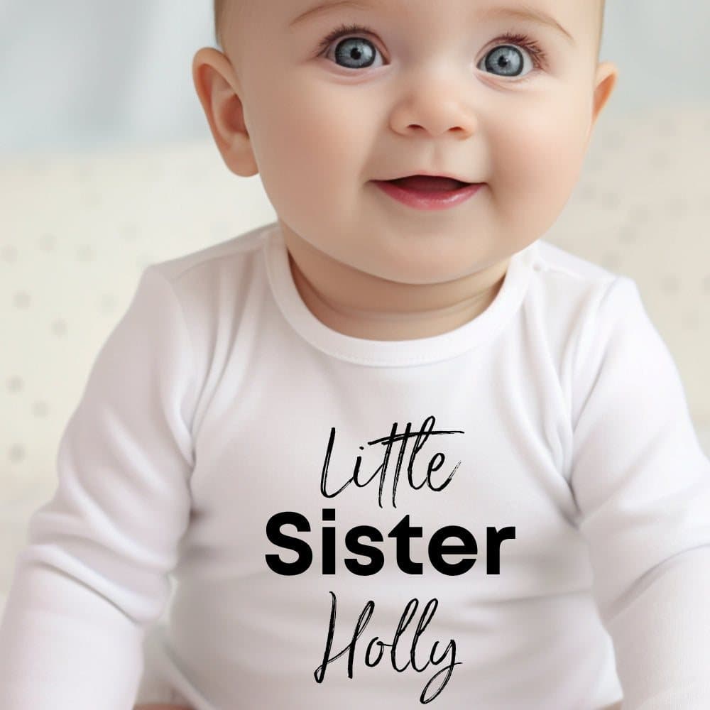 Black personalised Little Sister baby outfit with a name design.