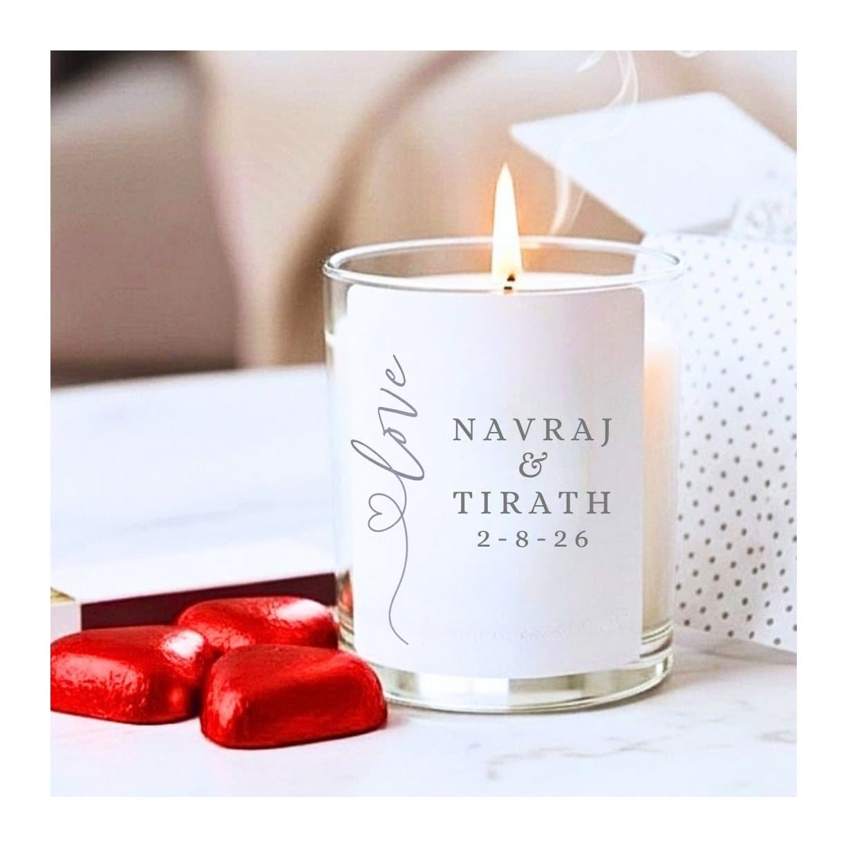 Personalised love heart candle with a grey design and red foil chocolate hearts