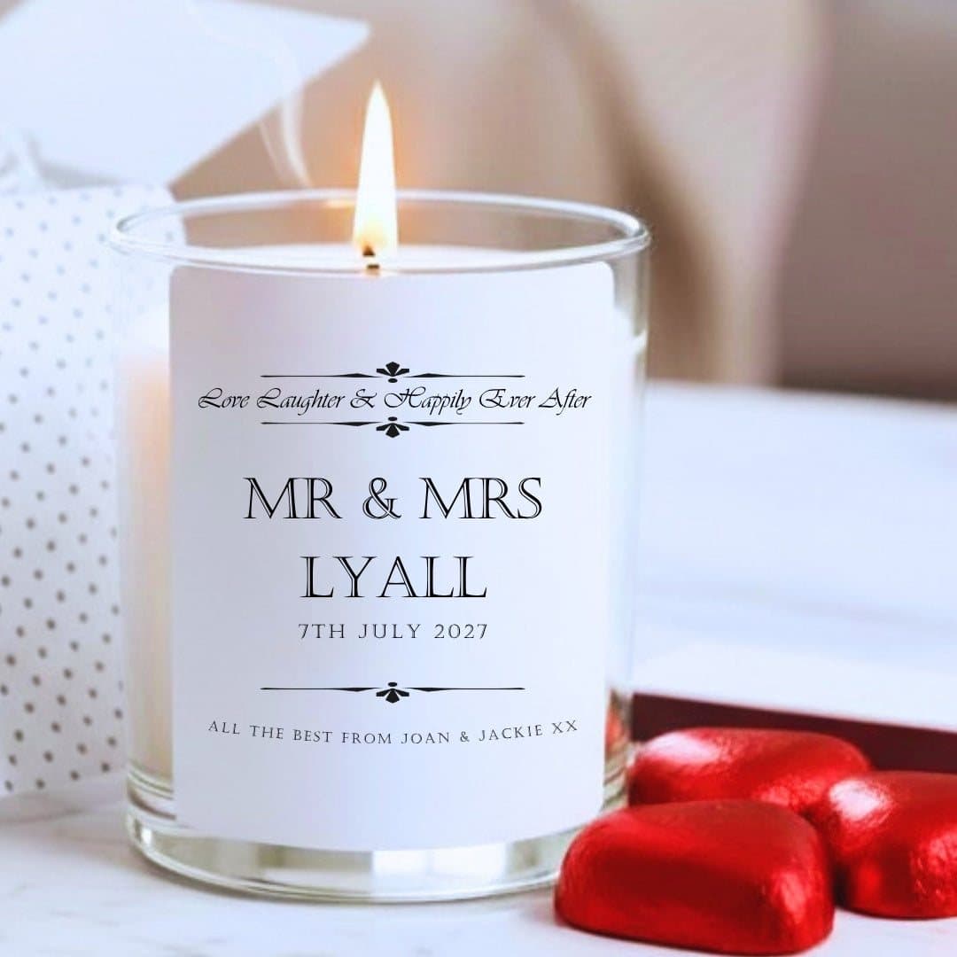 Personalised wedding candle gift set with chocolate hearts and matches