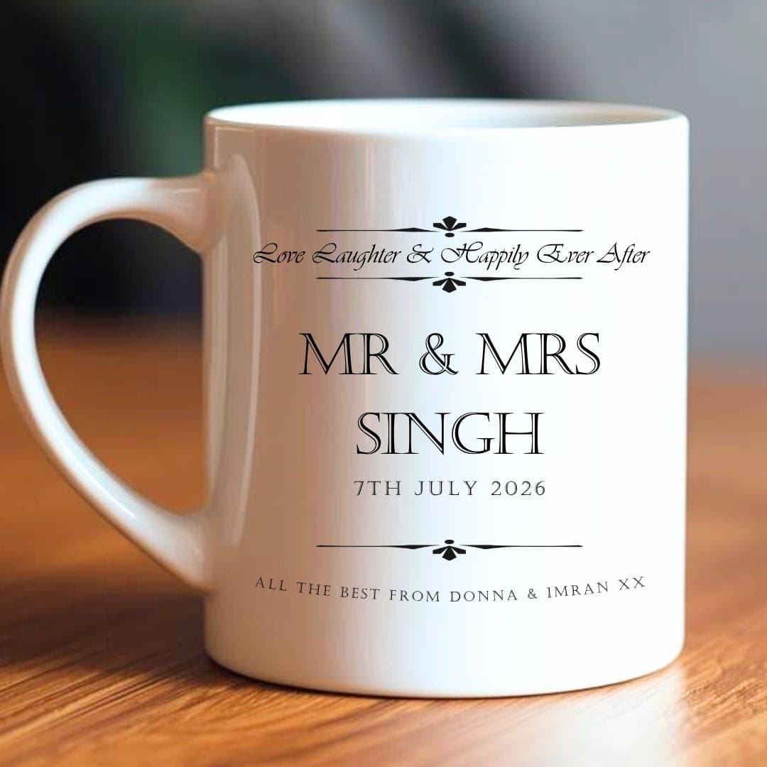 Personalised Love Laughter wedding mugs gift set, design printed on both sides