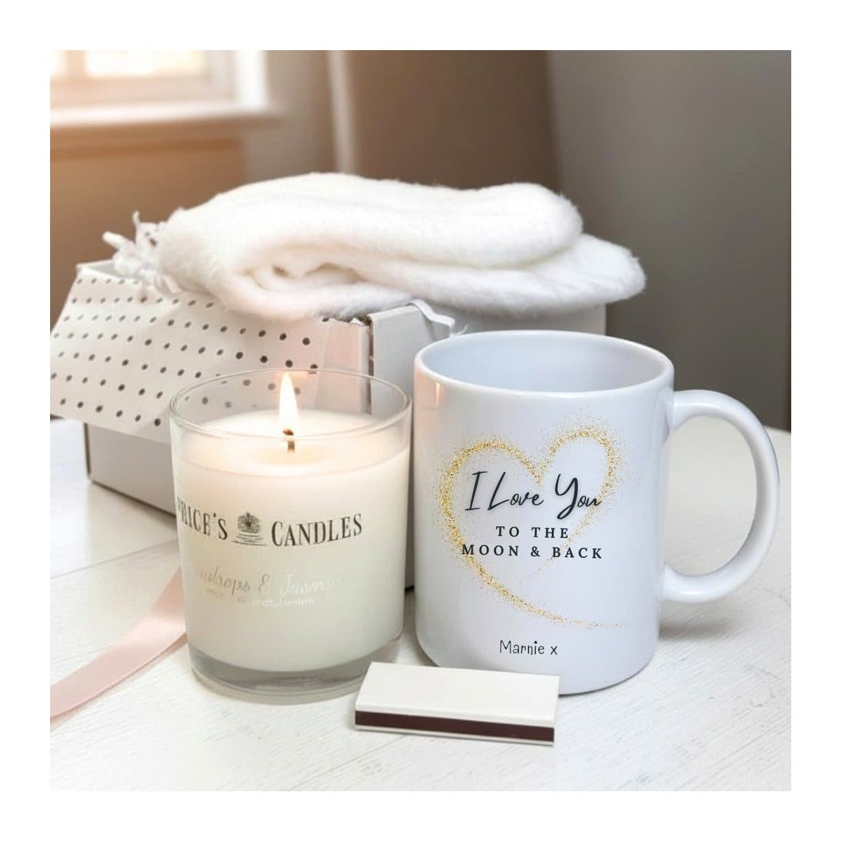 Personalised Love You to the Moon and Back mug, socks, candle and matches