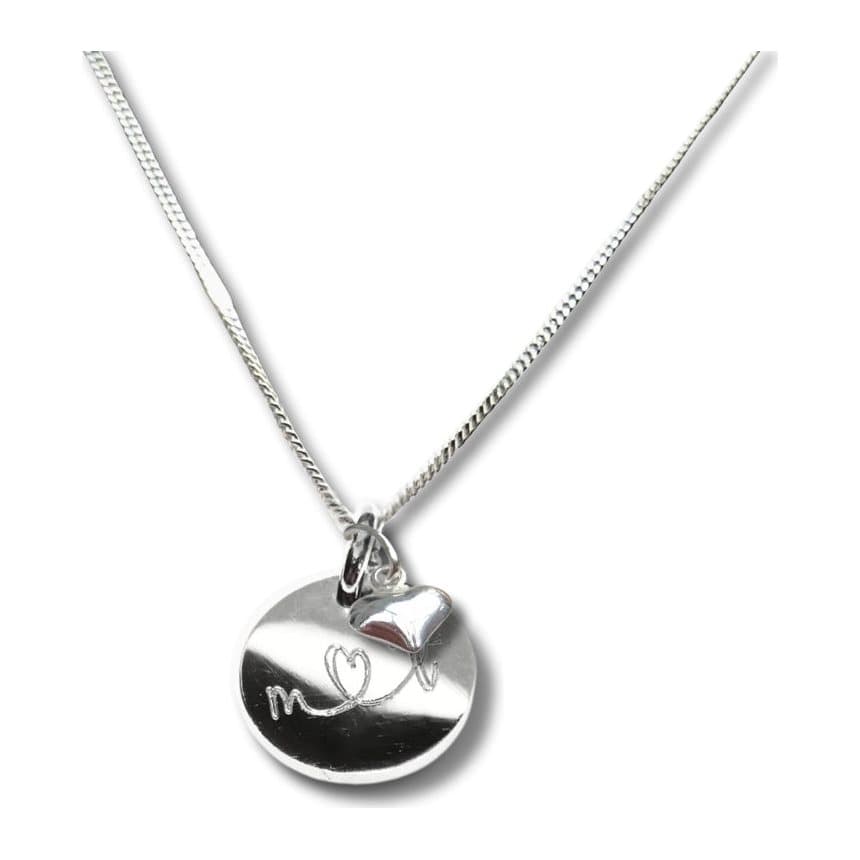 Personalised silver mini disc and heart necklace on a chain