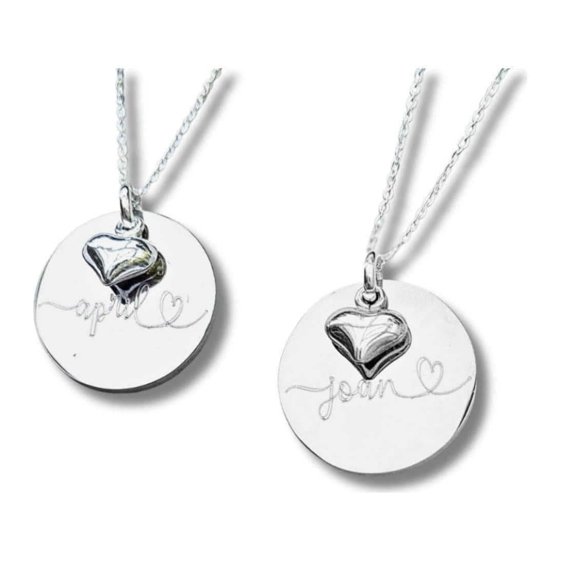 Personalised necklace with engraved silver disc and mini puff heart charm