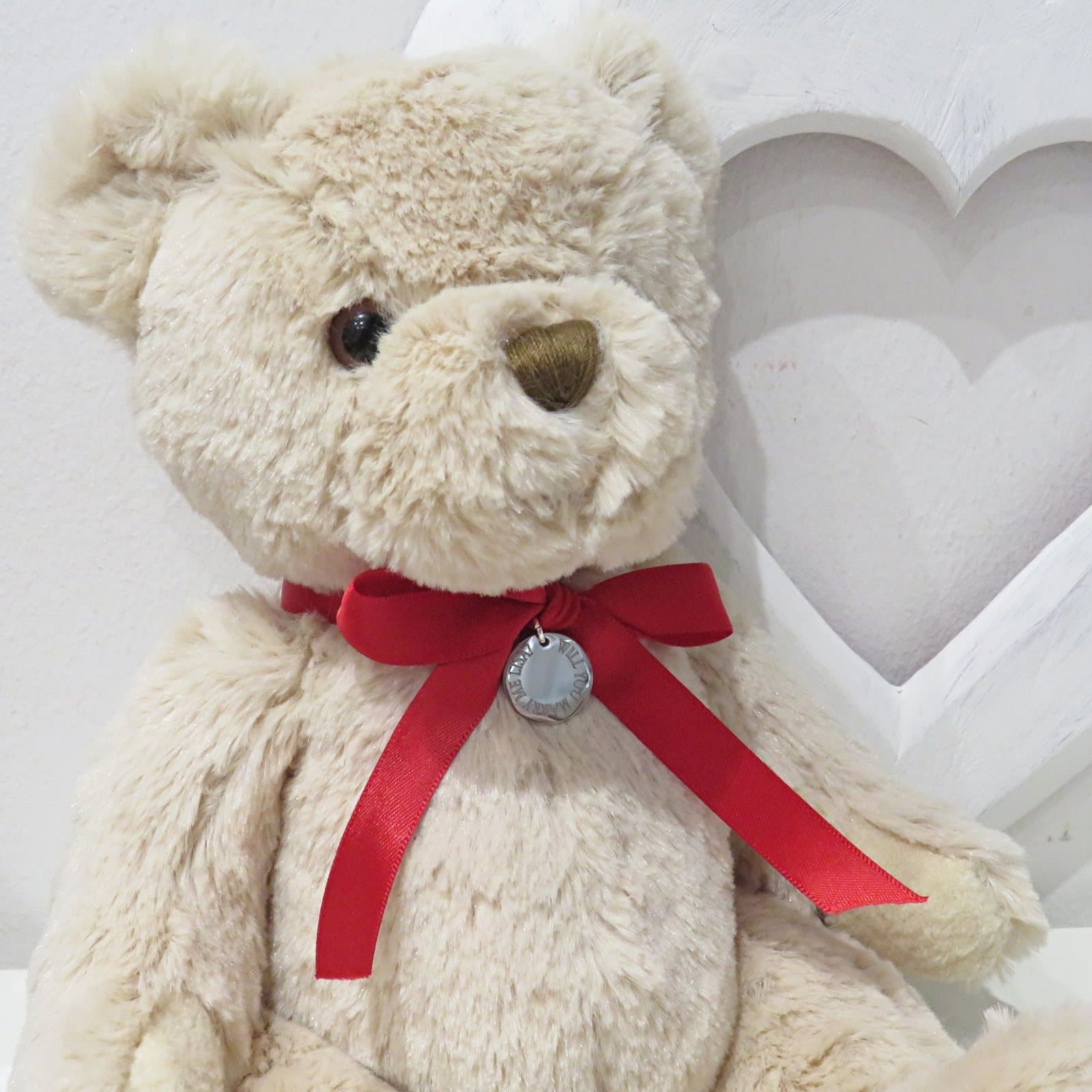 Personalised teddy bear with a stainless steel edge disc on a red satin ribbon
