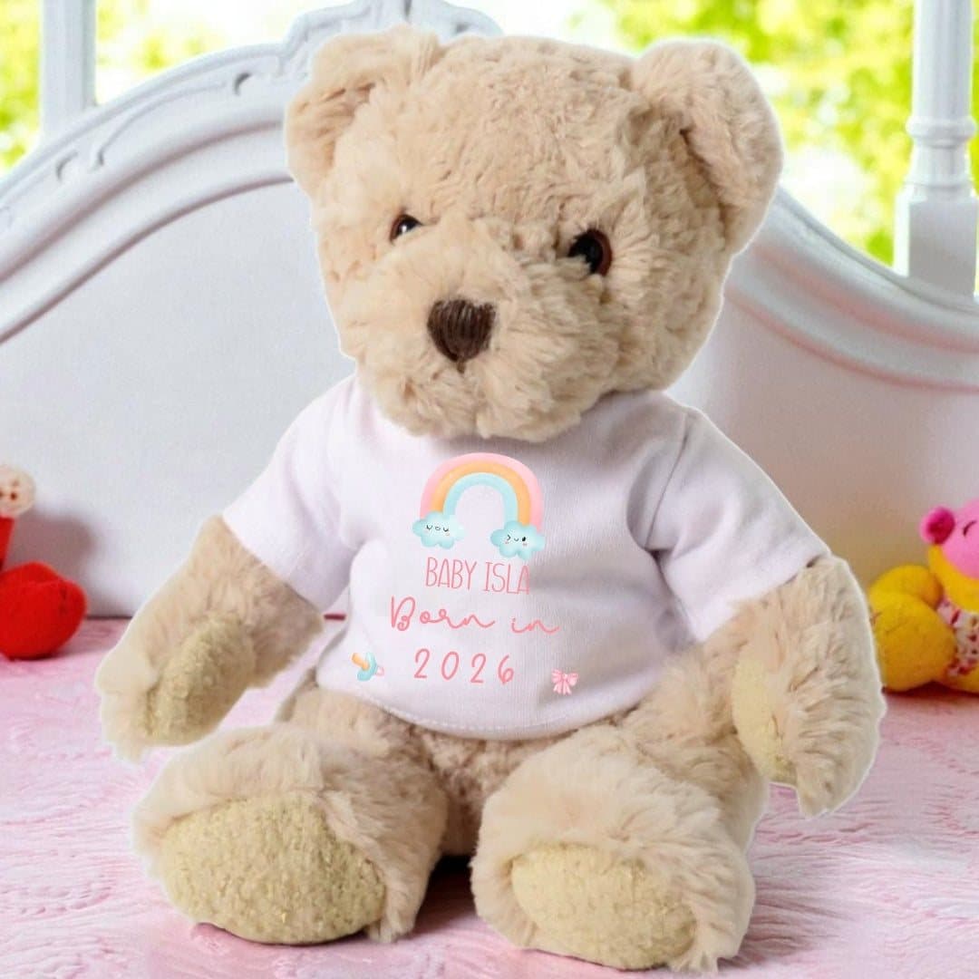 Teddy bear in a Born in 2026 rainbow T-shirt with pink lettering