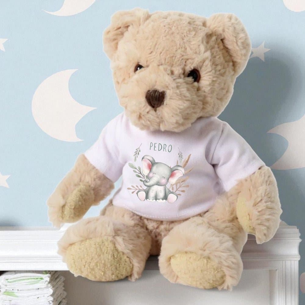 Personalised teddy bear in a printed elephant T-shirt