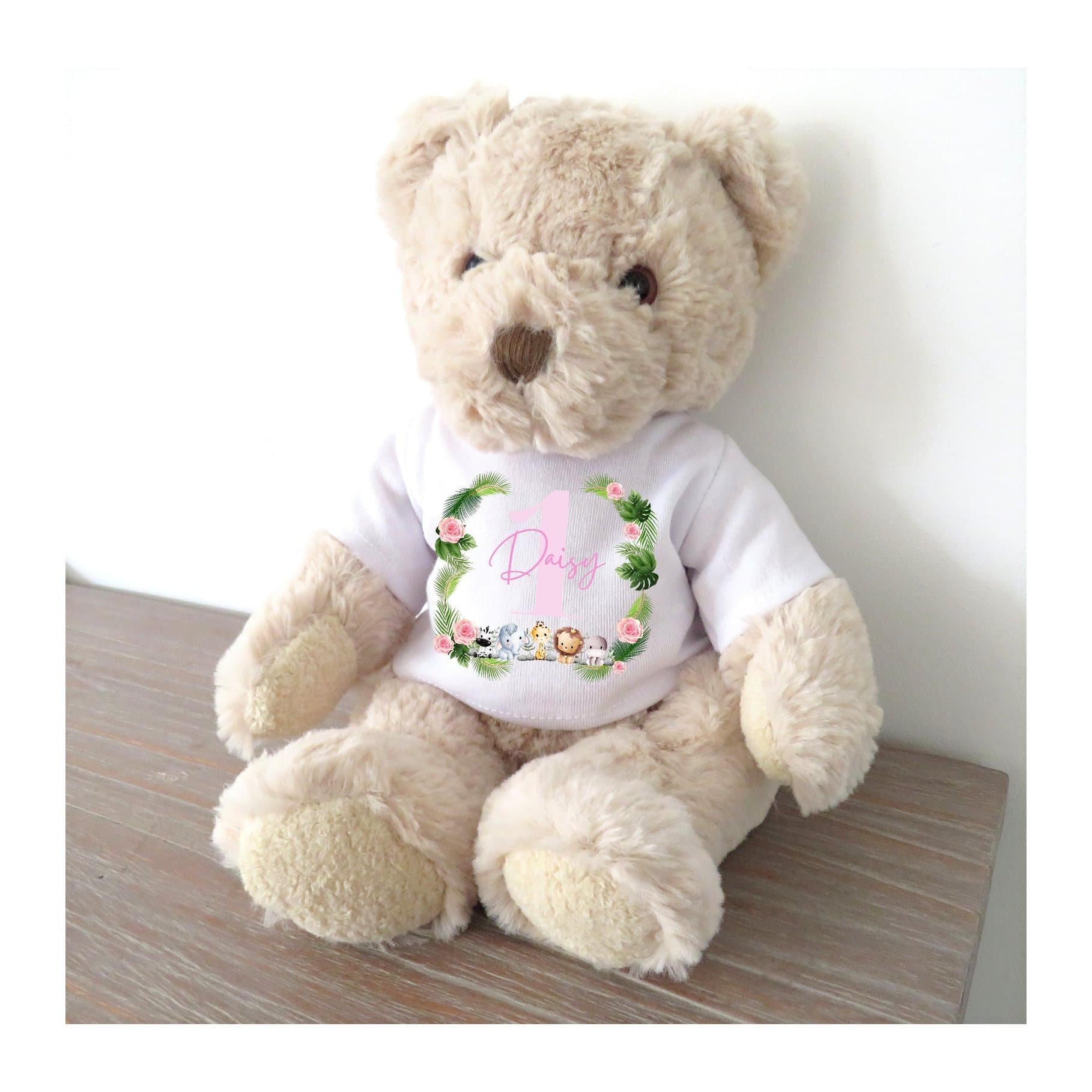 Personalised luxury teddy bear in a T-shirt with five animals and pink flowers
