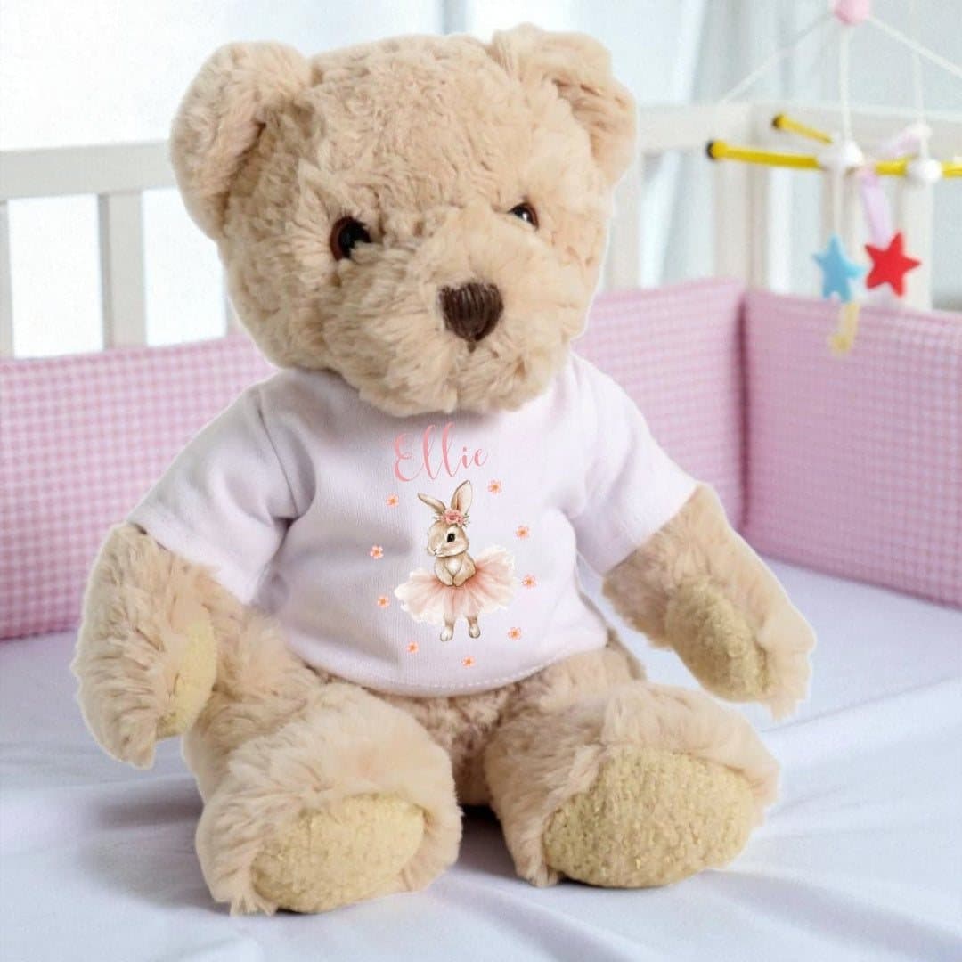 Personalised teddy bear in a printed ballet bunny T-shirt