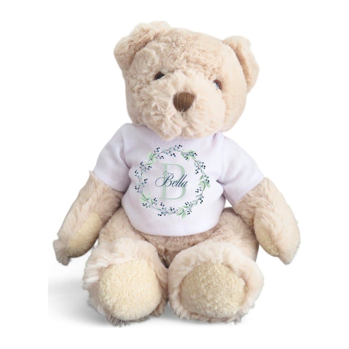 Teddy bear in a blue and green floral T-shirt with a personalised name