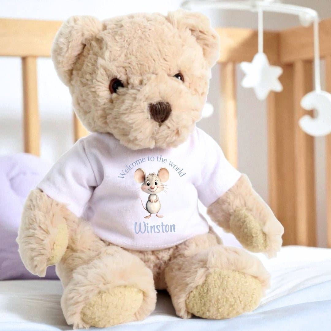 Teddy bear in a T-shirt with a blue mouse and welcome to the world design