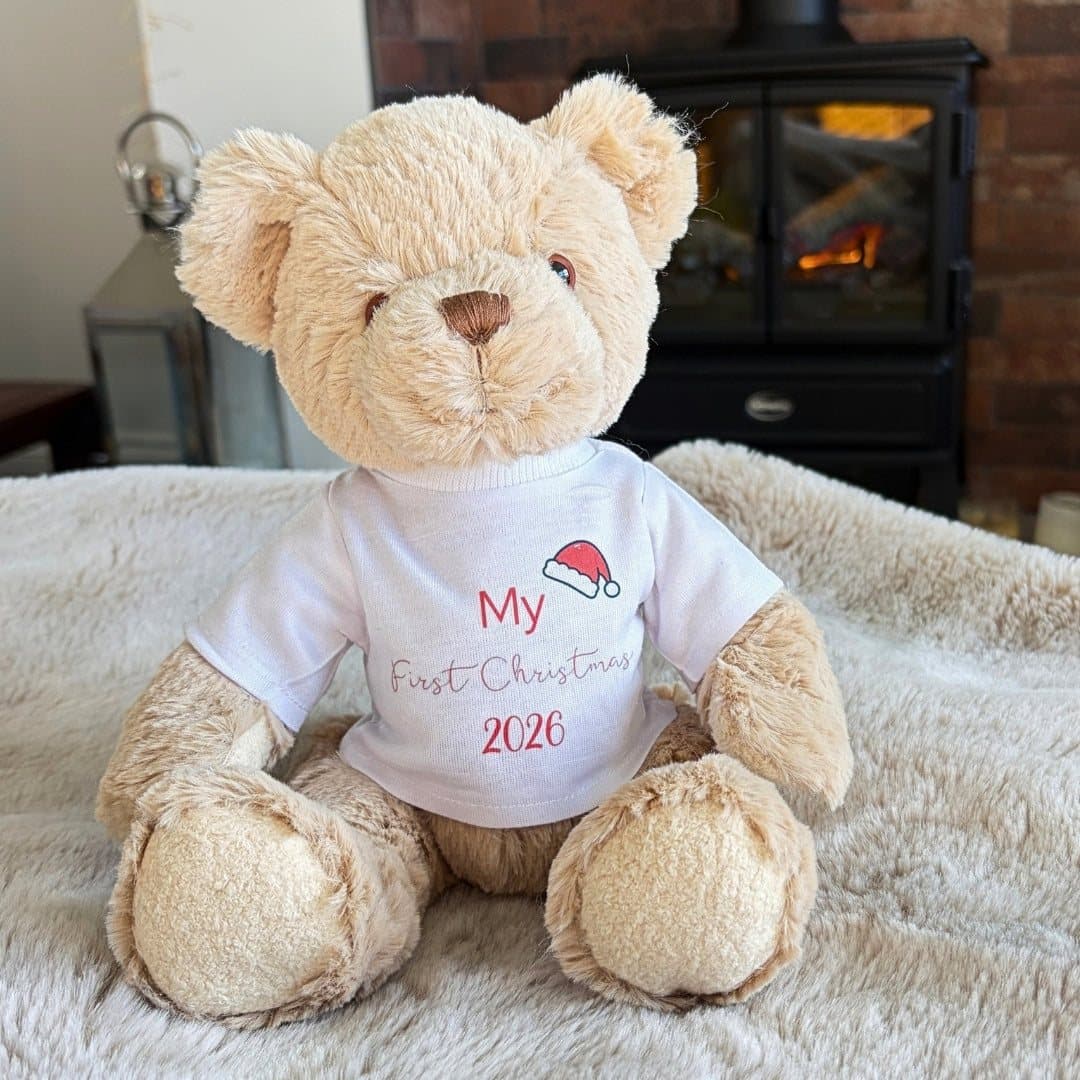 Personalised teddy bear wearing a First Christmas 2026 Santa hat T-shirt