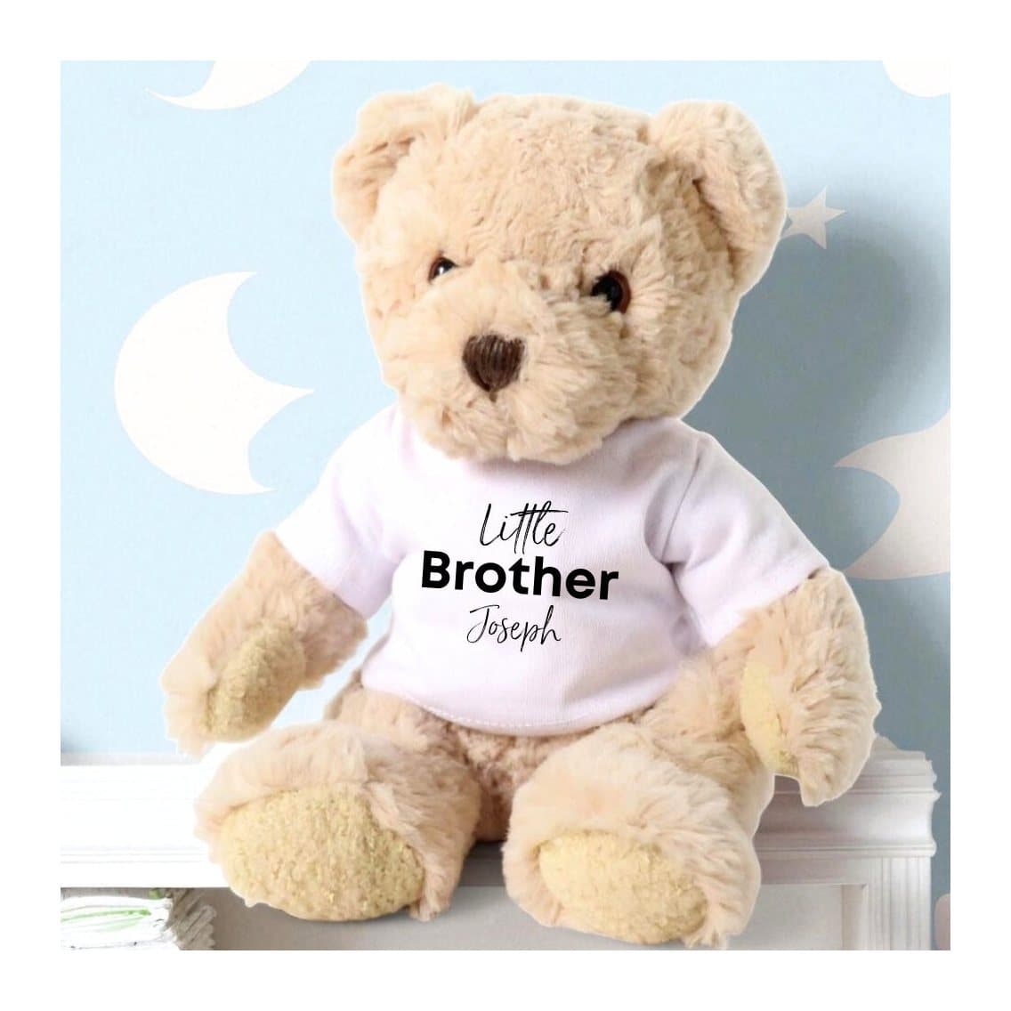 Teddy bear wearing a printed Little Brother T-shirt