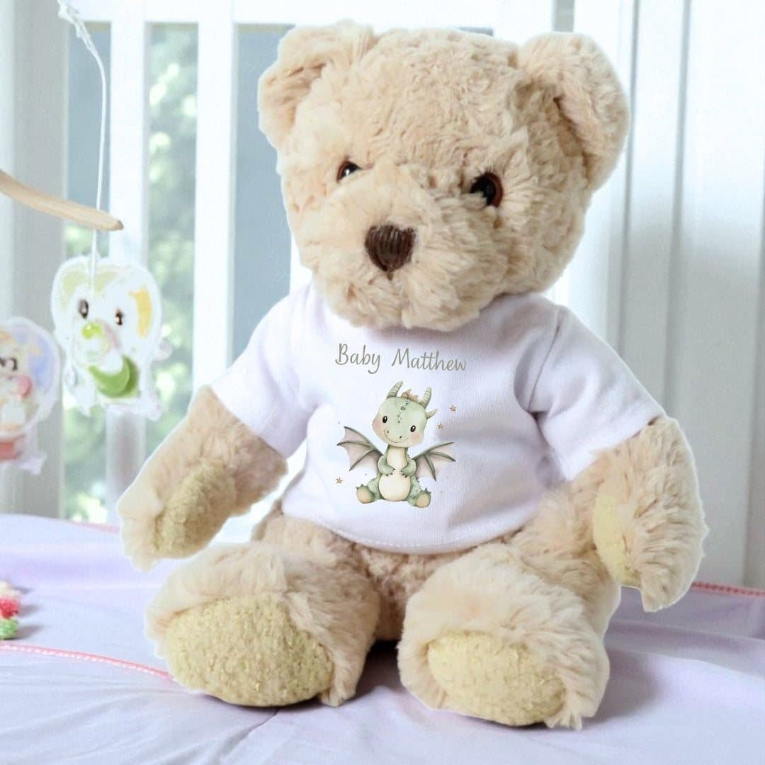 Personalised teddy bear wearing a printed dinosaur T-shirt