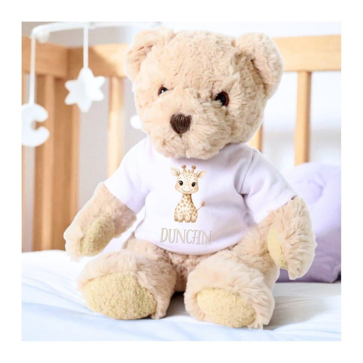 Personalised teddy bear in a T-shirt with a little giraffe design