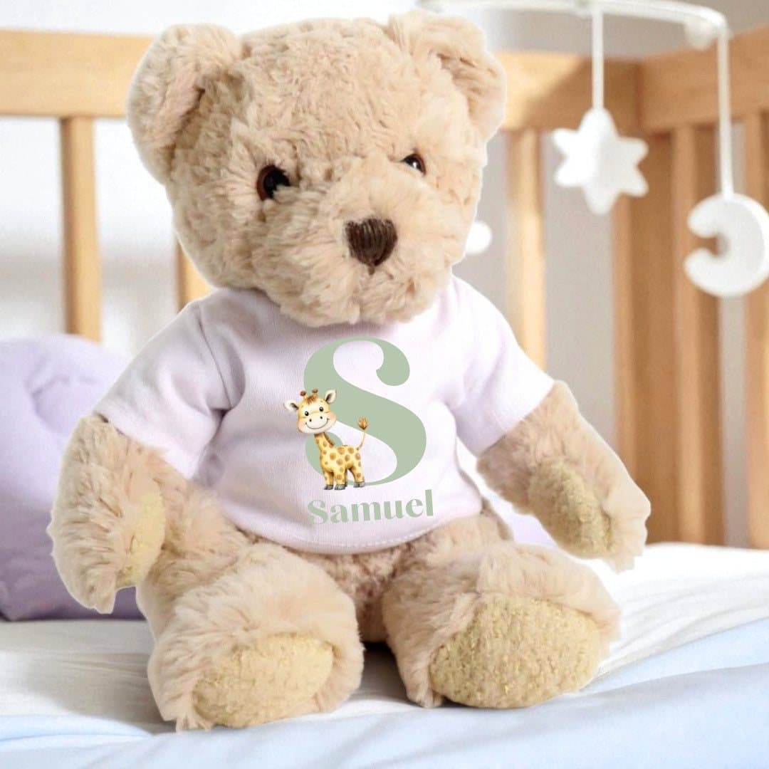 Personalised teddy bear wearing a T-shirt with a little giraffe design