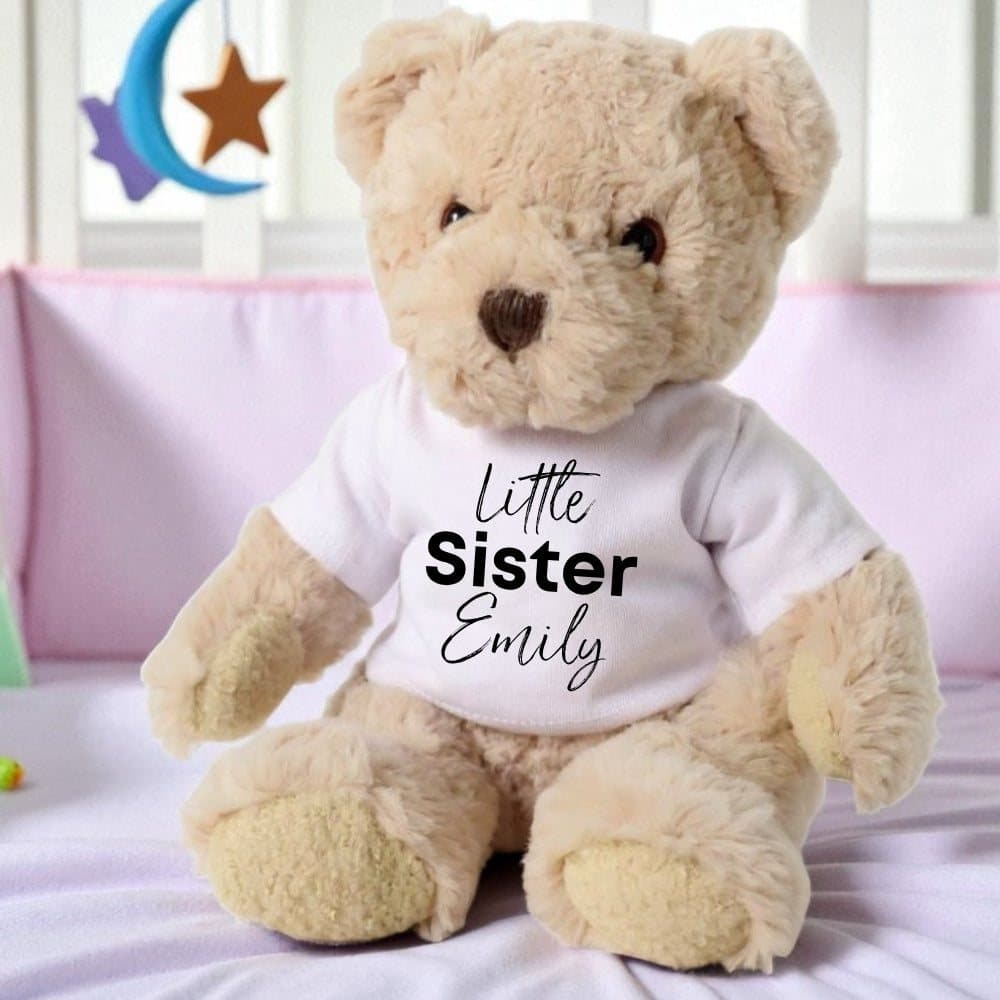 Personalised teddy bear in a printed T-shirt reading Little Sister
