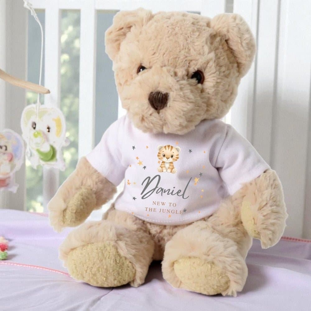Personalised teddy bear in a New to the Jungle T-shirt with a tiger and stars
