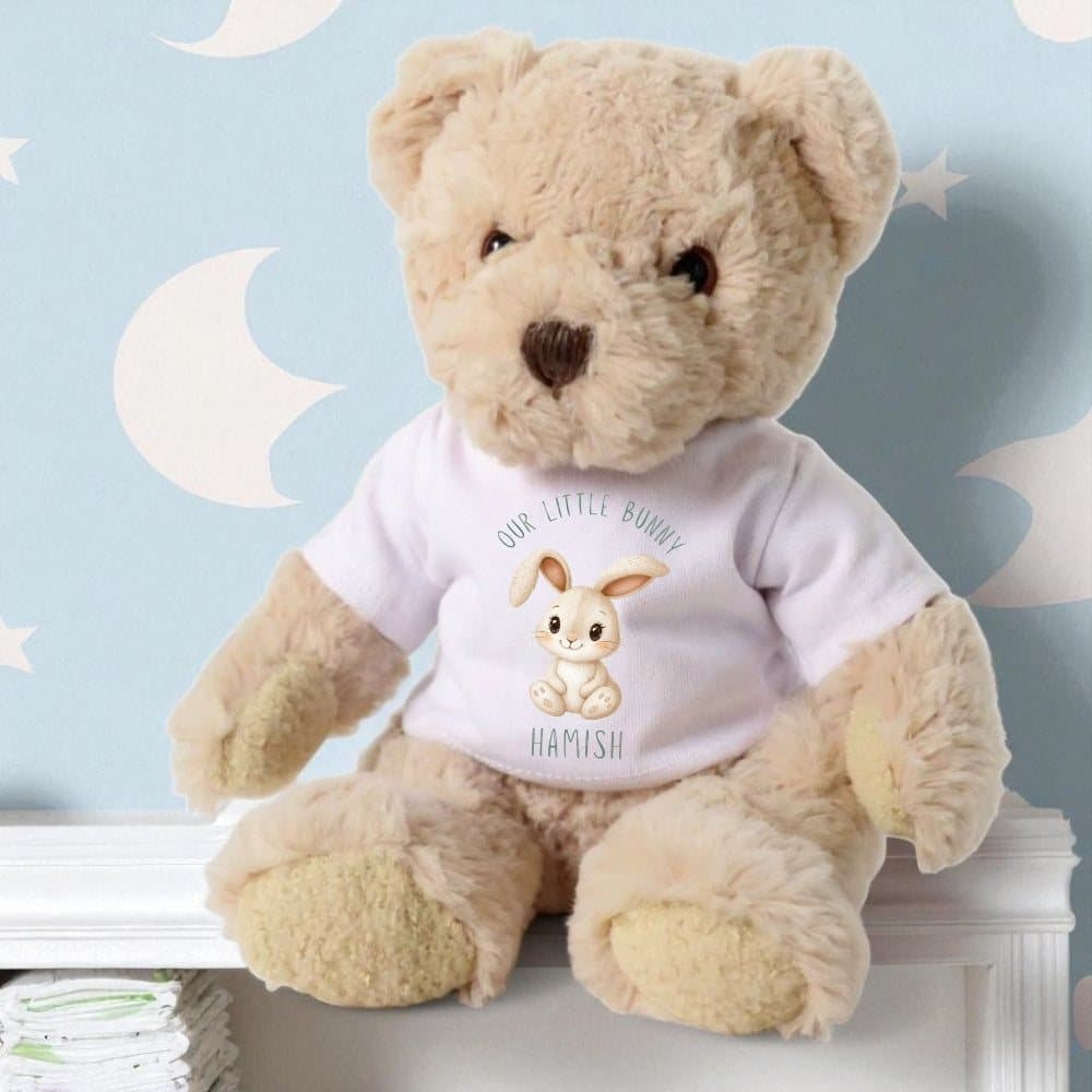 Personalised teddy bear in a printed Our Little Bunny T-shirt.