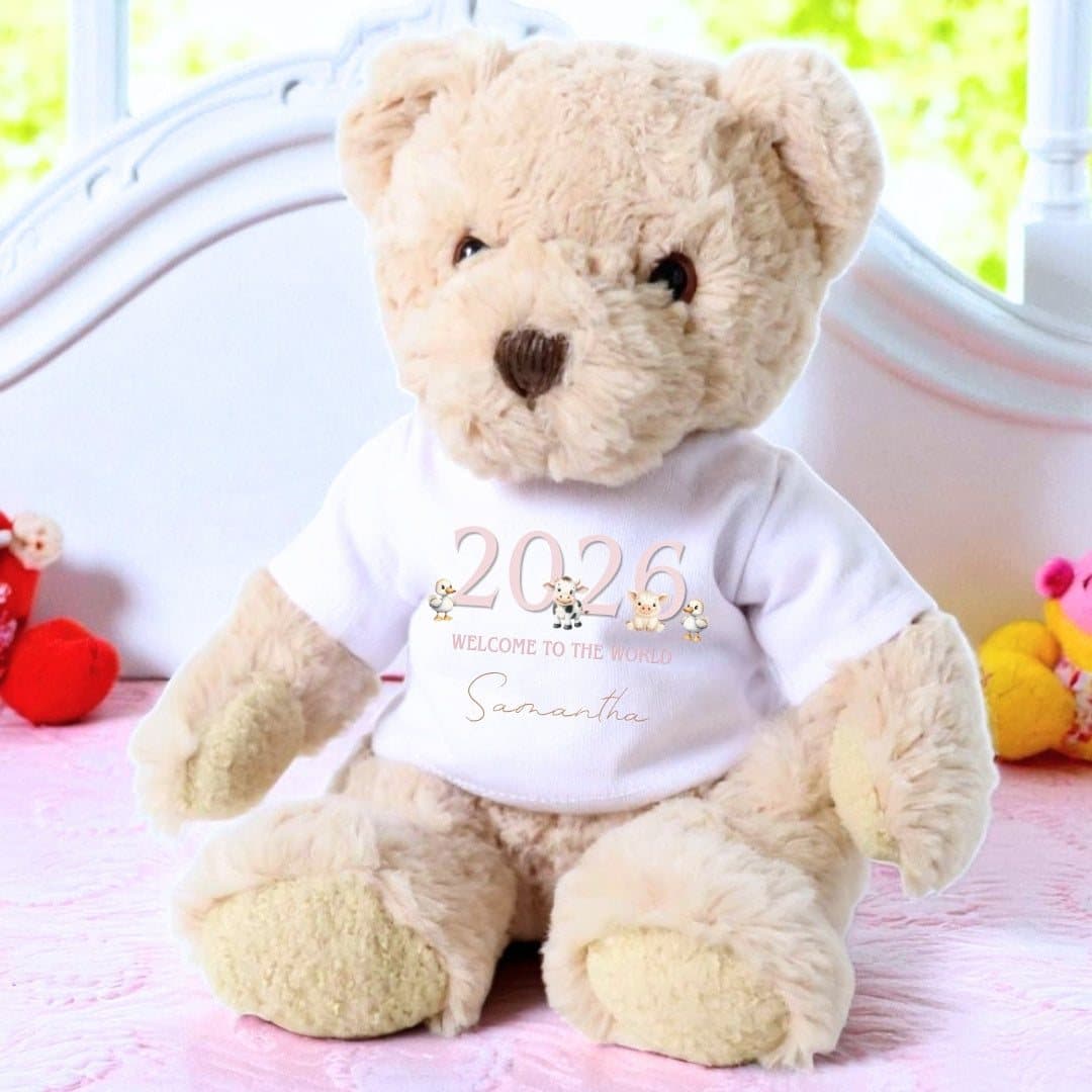 Personalised teddy bear in a pink farm animal T-shirt