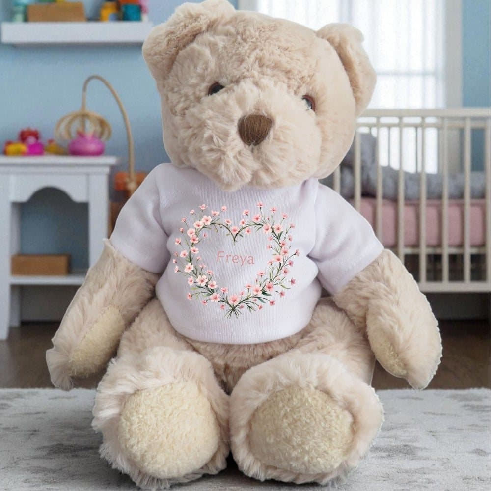 Personalised teddy bear in a pink flower heart T-shirt