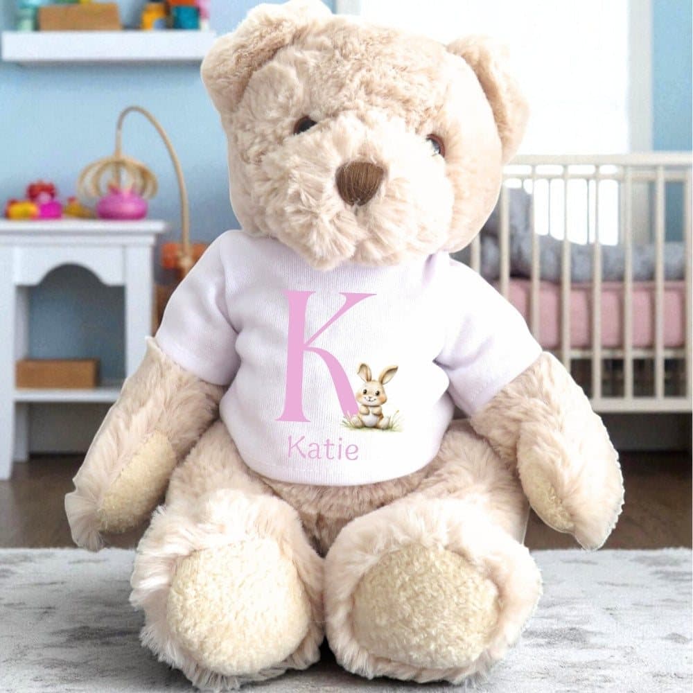 Personalised teddy bear wearing a printed shirt with a bunny rabbit design
