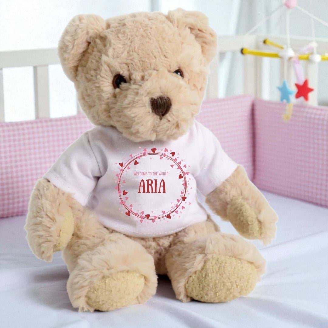 Luxury teddy bear wearing a pink and red heart T-shirt printed with Welcome to the World