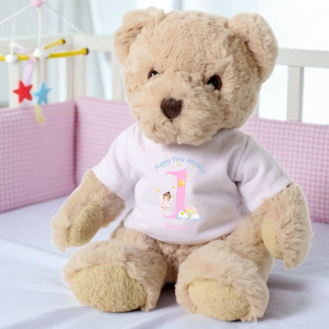 Personalised teddy bear in a printed rainbow fairy T-shirt