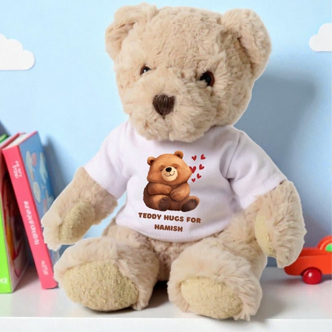 Personalised teddy bear in a printed T-shirt with Teddy Hugs for wording