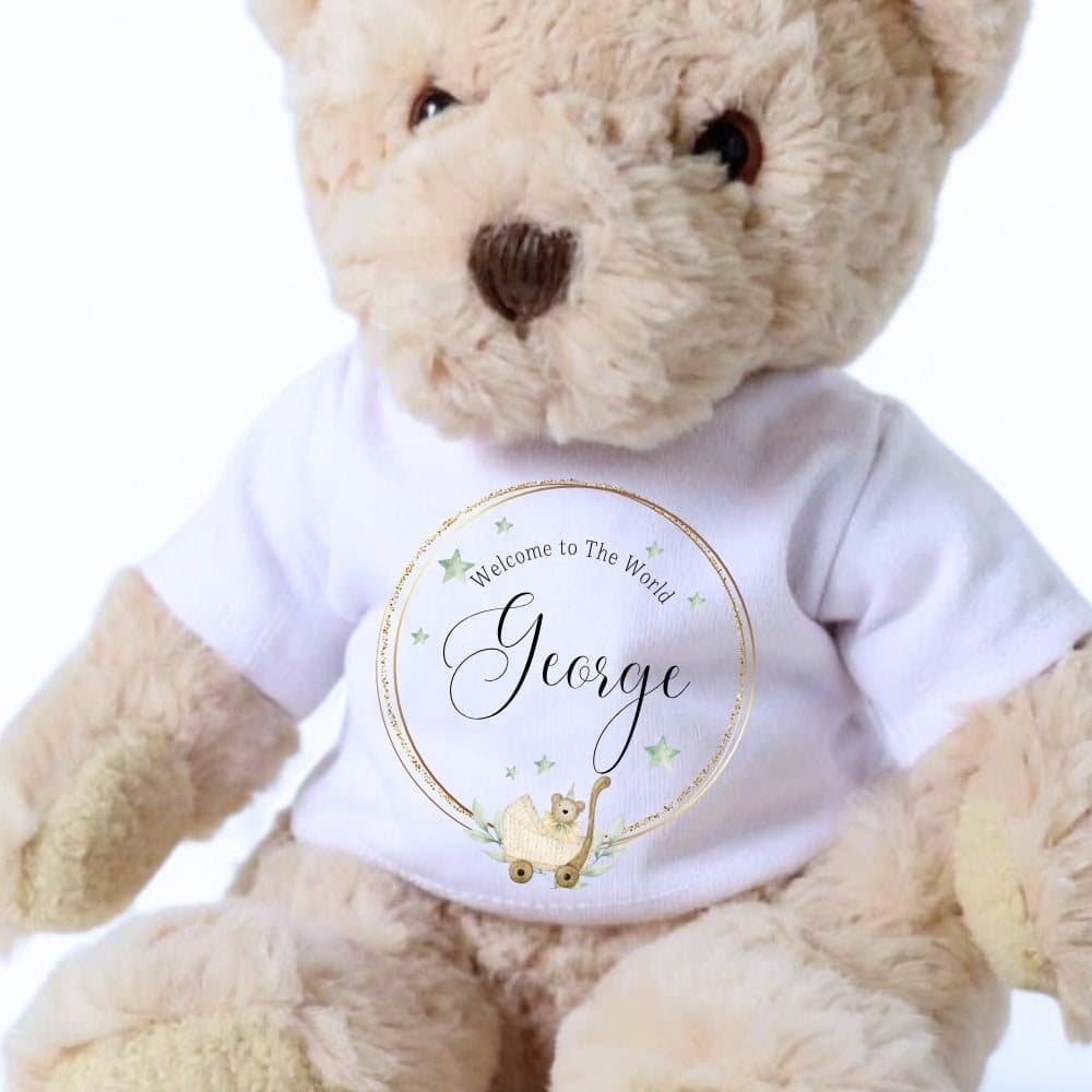 Teddy bear wearing a Welcome to the World T-shirt with a gold circle design