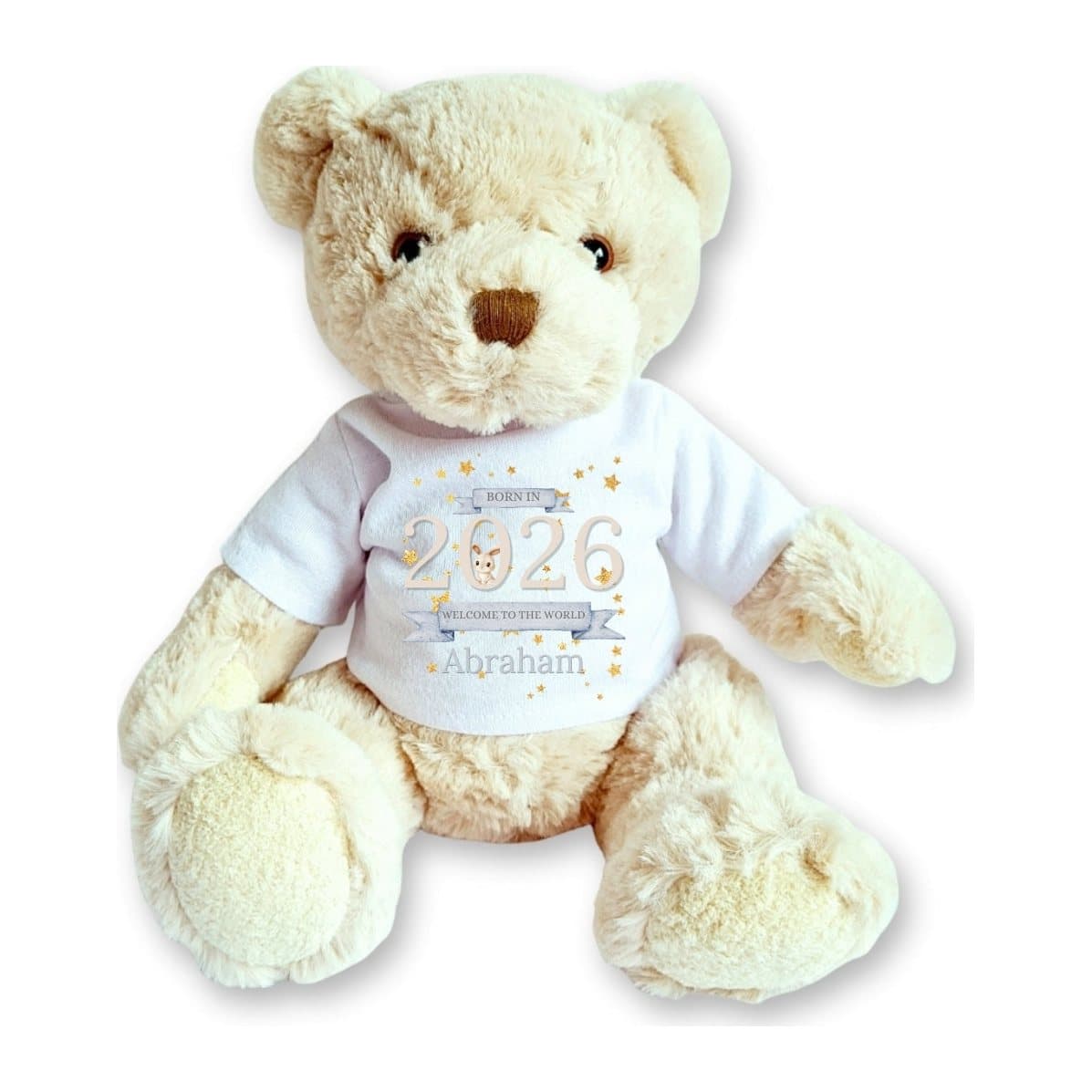 Personalised teddy bear in a Welcome to the World 2026 T-shirt with a bunny and gold stars