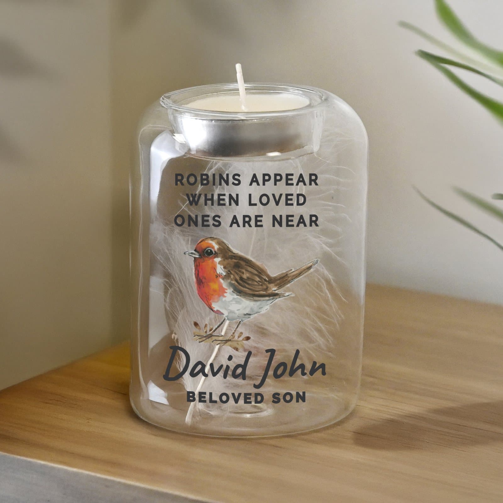 Personalised memorial feather tealight holder