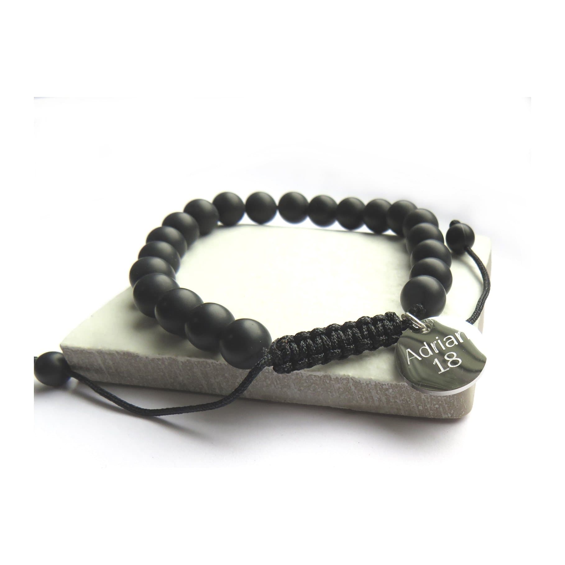 Personalised men's black agate beaded bracelet with a bright silver steel charm