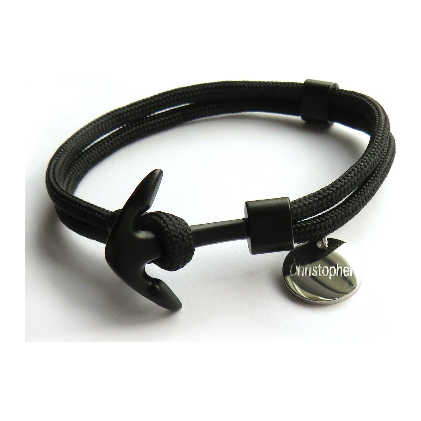 Personalised men's black anchor bracelet with a round stainless steel charm