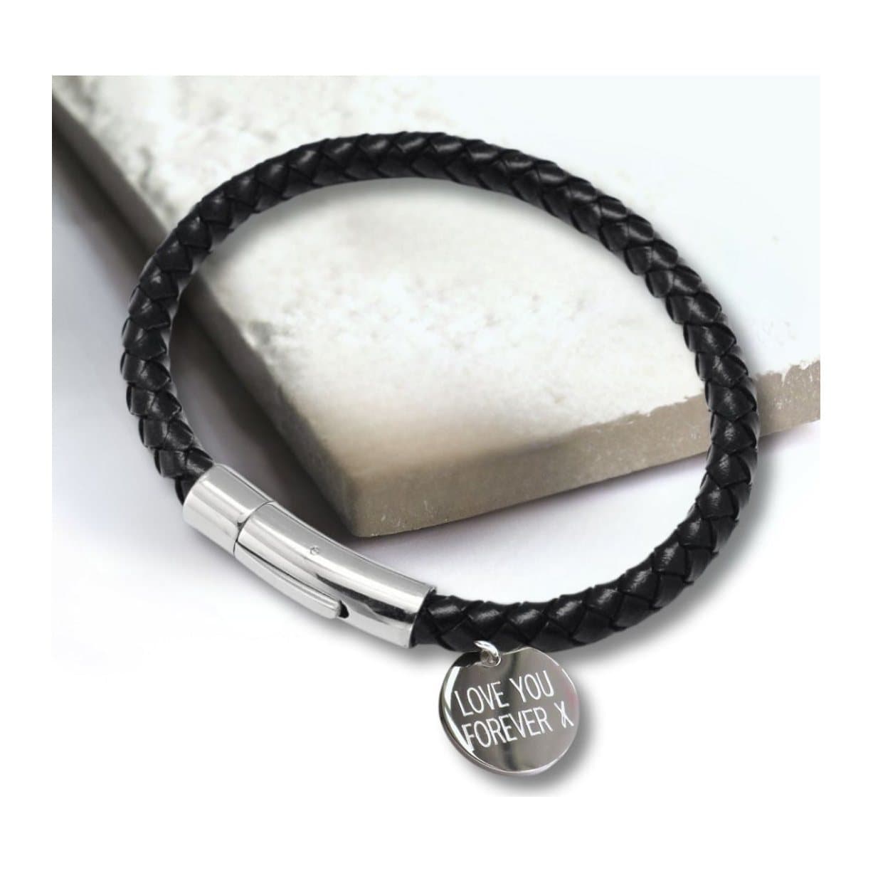 Personalised men's black leather rope bracelet with a round stainless steel charm.