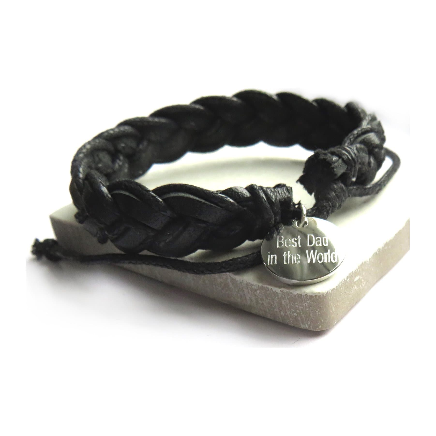 Black pleated leather bracelet with a round stainless steel charm for men