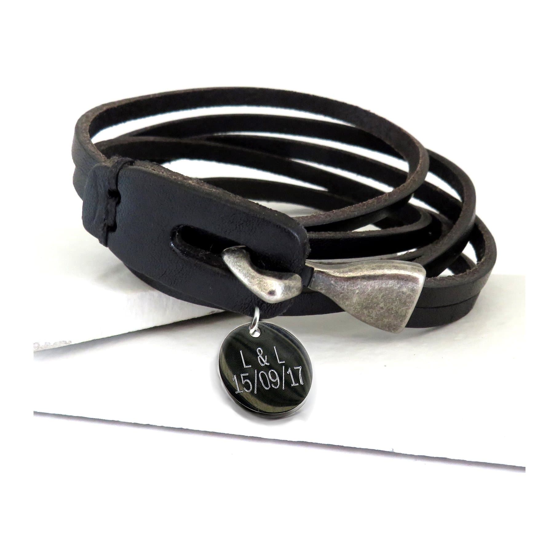 Brown leather wrap bracelet with a personalised stainless steel disc