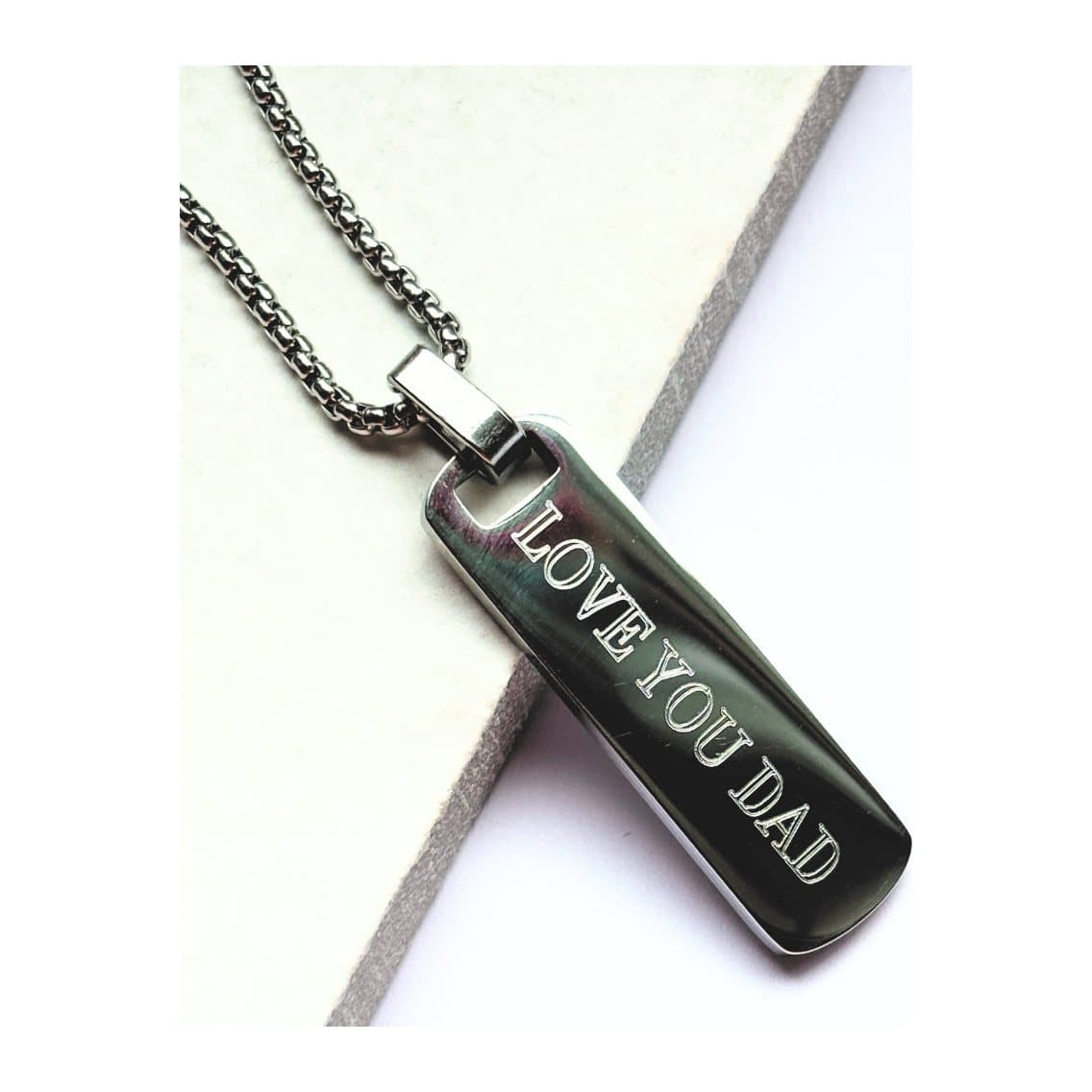 Personalised men's long bar necklace on a medium chain