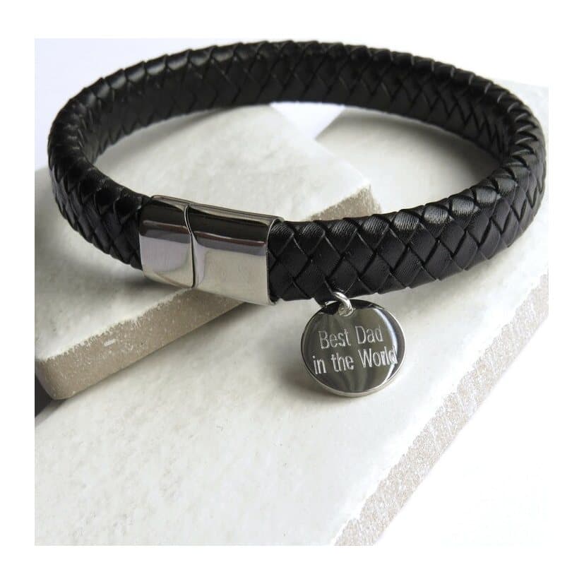 Black braided leather bracelet with a round polished stainless steel charm