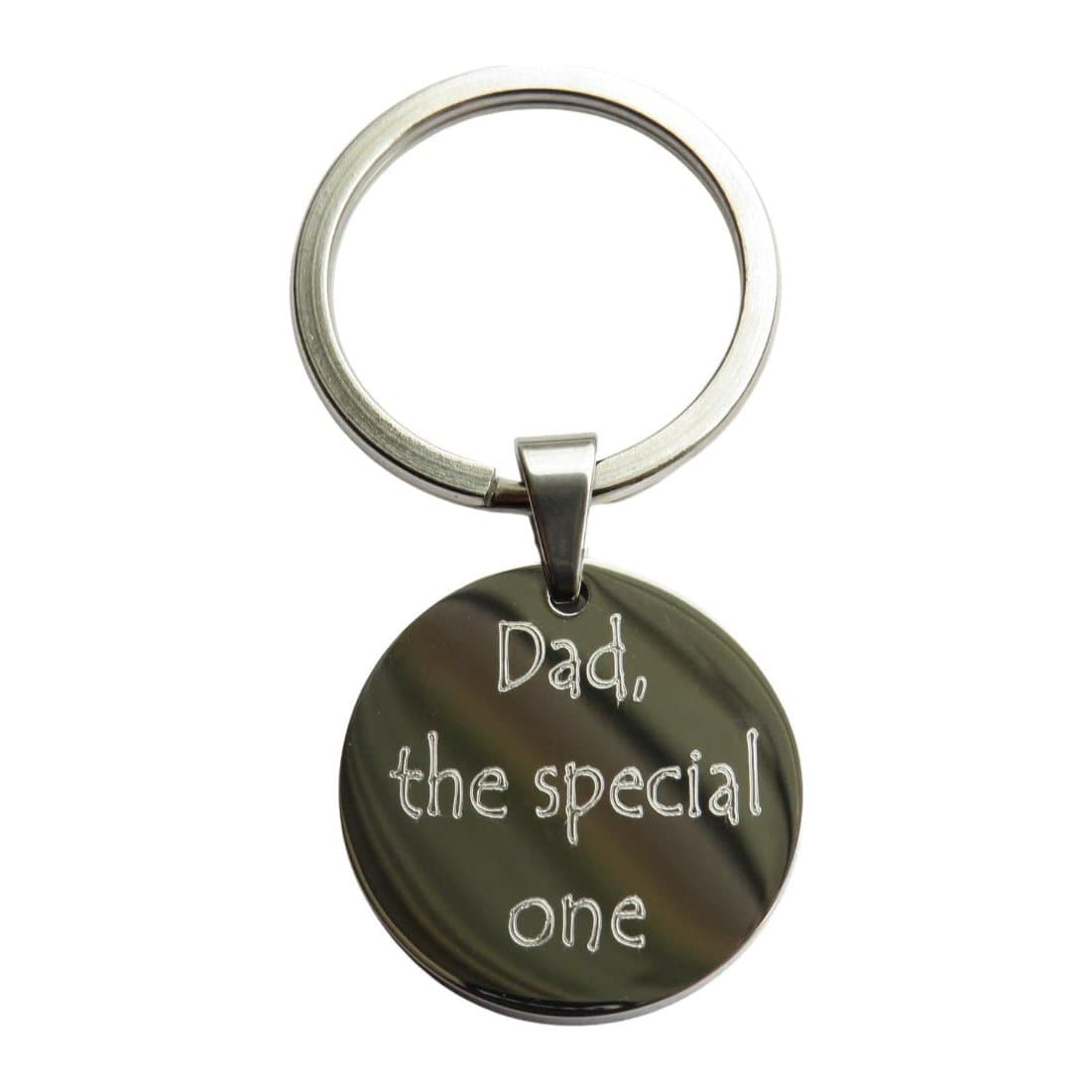 Round stainless steel men's keyring with a personalised message