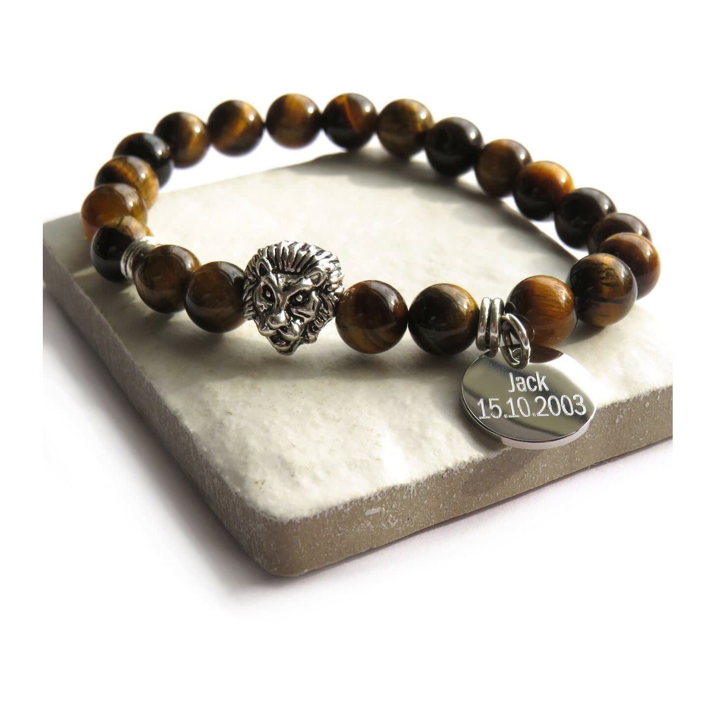 Men's tiger eye bracelet with a lion head charm and a personalised steel disc