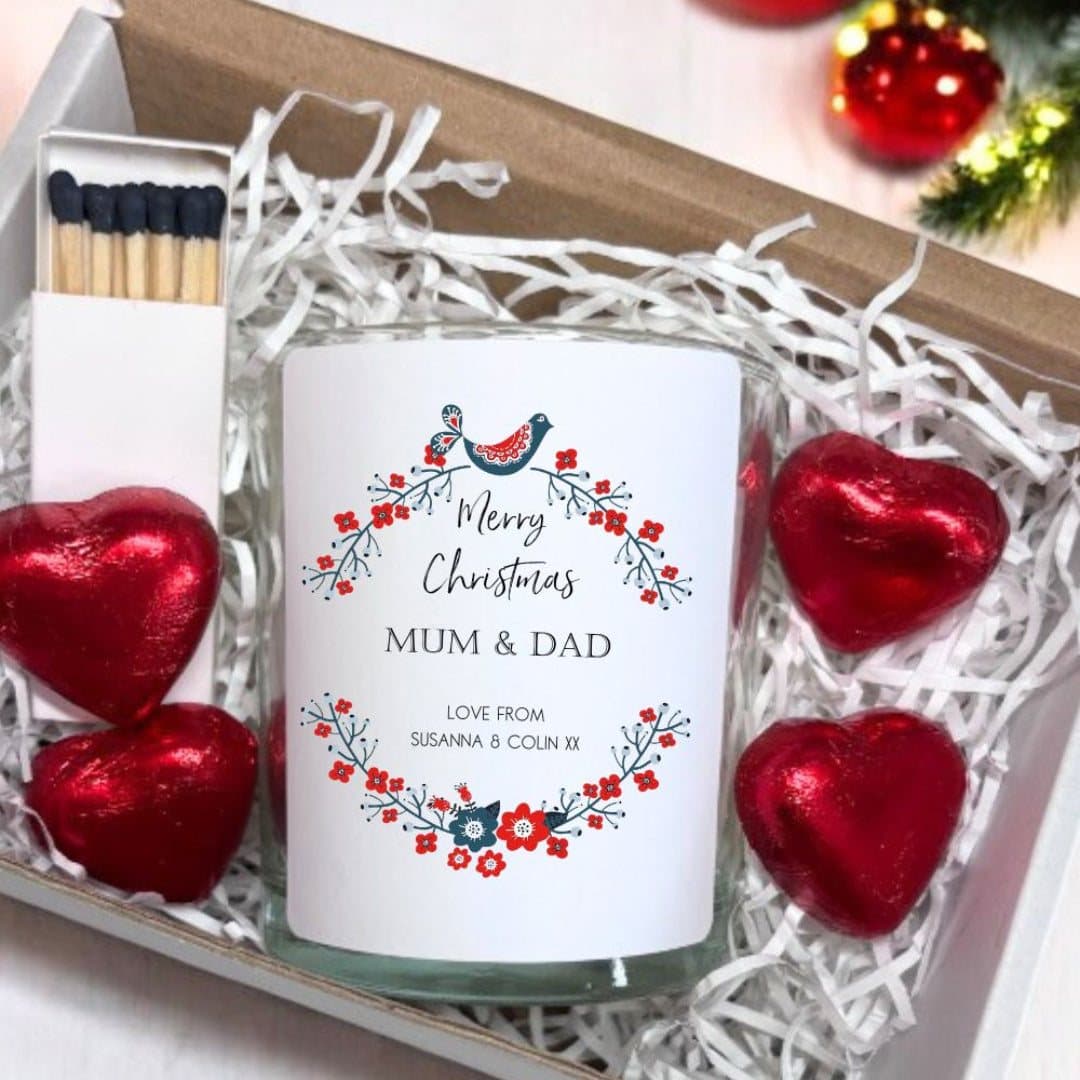 Personalised Christmas candle gift set with milk chocolate hearts and matches
