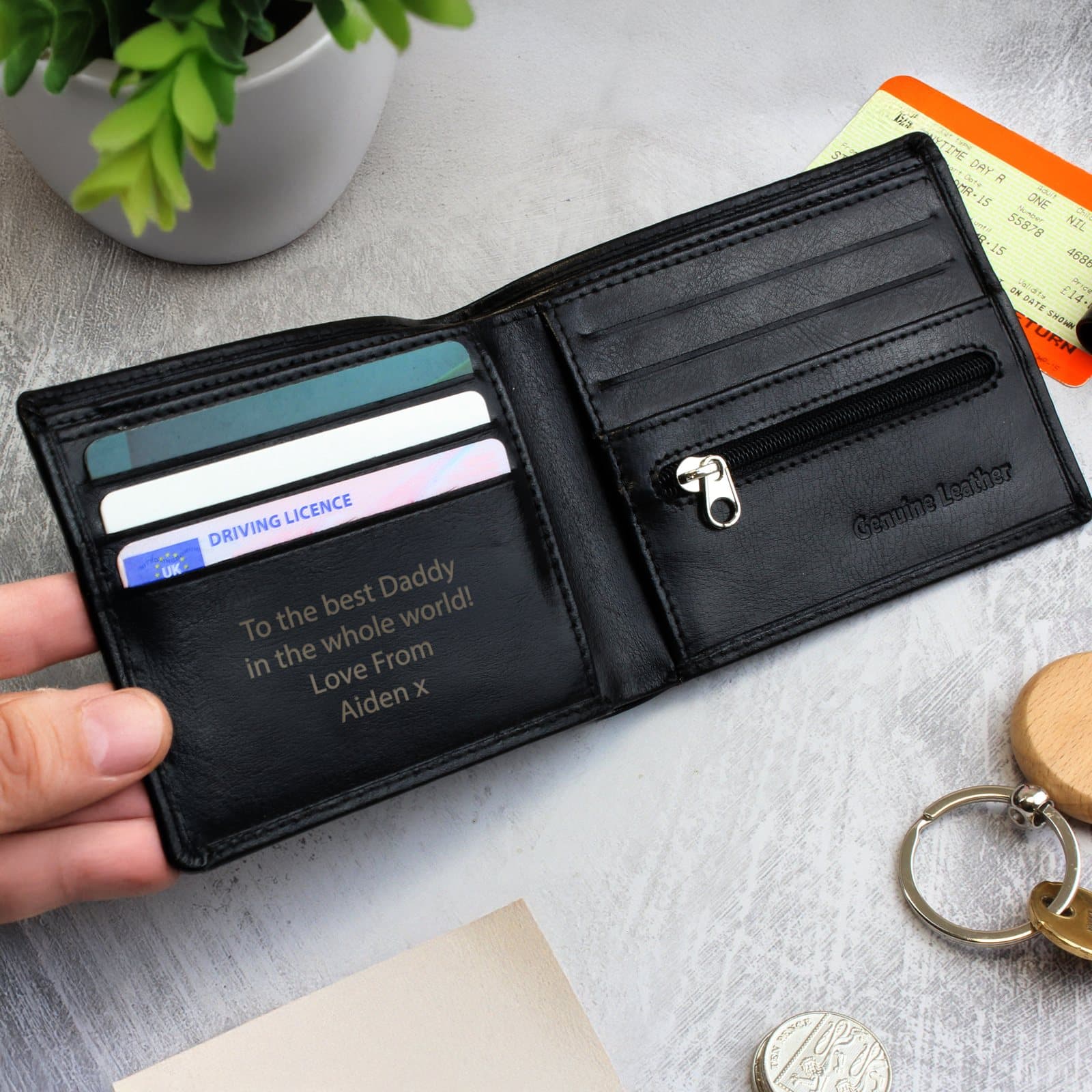 Personalised black leather wallet with message