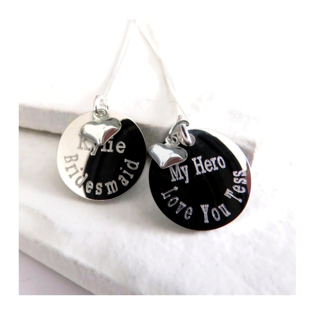 Personalised mini heart charm necklace with a round engraved silver charm on a chain